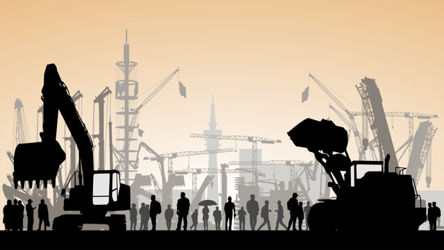 Silhouettes of People and Businessmen Observing Cranes, Excavators, and Loaders at Construction Equipment Expo in Germany