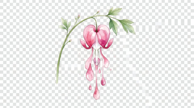 Delicate Pink Bleeding Heart Flower Watercolor Illustration Isolated on Transparent Background for Floral Design and Spring Decor