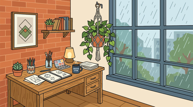 Cozy home office desk with plants and art supplies on rainy day outside window, creative workspace inspiration
