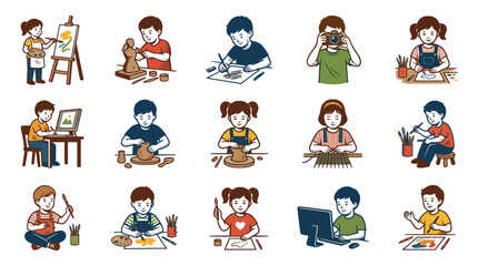Fototapeta premium Children Doing Art and Craft Activities: Painting, Pottery, Photography, Computer - Flat Style Vector