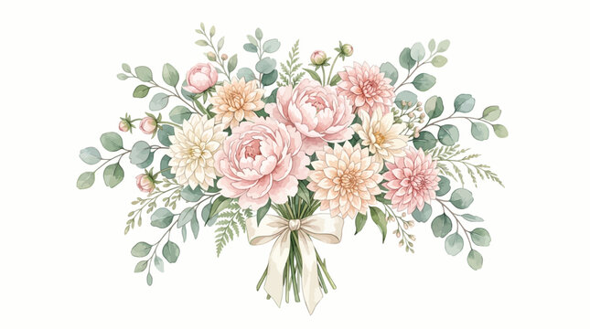 Delicate Watercolor Floral Arrangement with Soft Pink Peonies and Eucalyptus, Perfect for Wedding Invitations and Romantic Designs