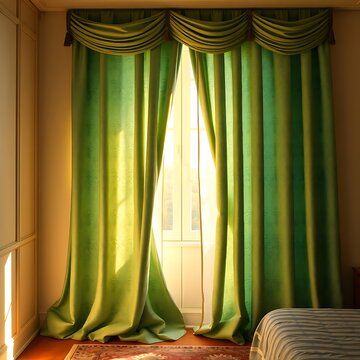 Elegant green window curtains with valance in a sunlit room interior