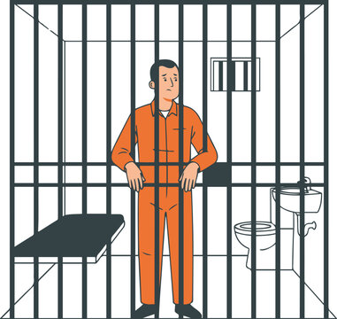 Flat vector illustration of a prisoner standing inside a jail cell wearing an orange prison uniform.