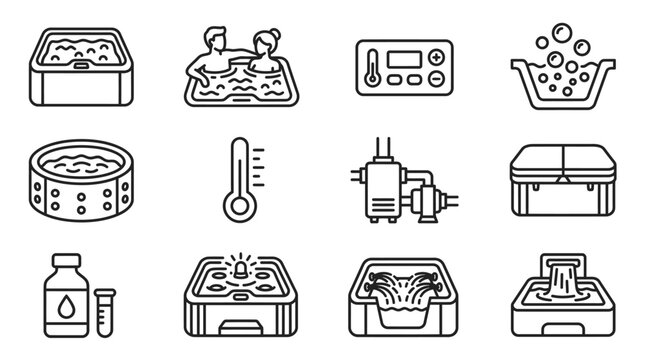 Hot Tub Icons Set: Spa, Jacuzzi, Pool Equipment, Relaxation, Wellness, Maintenance