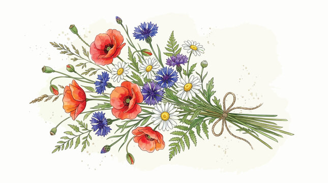 Watercolor Wildflower Bouquet with Poppies, Cornflowers, and Daisies, Tied with Twine, Rustic Charm for Spring and Summer Designs