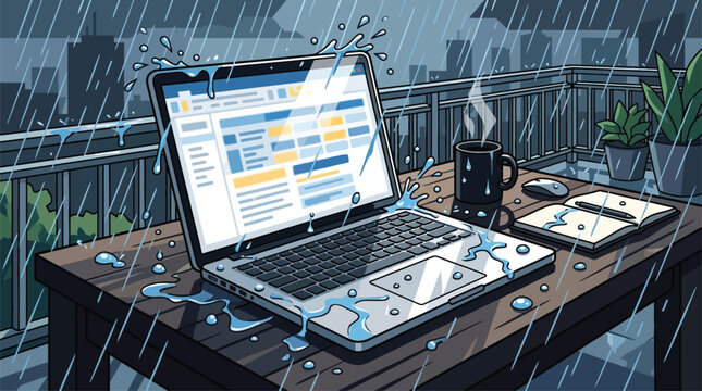 Laptop on Outdoor Table in City Rain with Steaming Coffee and Notebook, Remote Work Challenges Concept