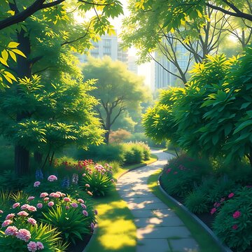 A serene stone path winding through a lush green public garden during a sunny day