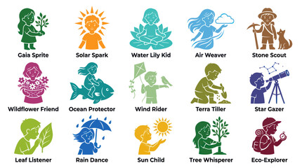 Fototapeta premium Children Zodiac Icons: Nature, Elements, Astronomy, Scouts, and Weather