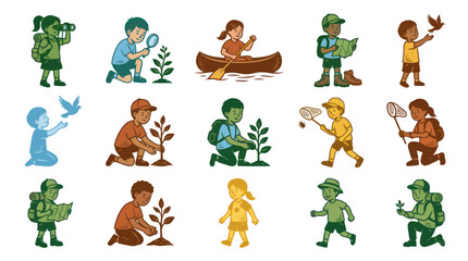 Obraz premium Children's Nature Exploration Outdoor Education Vector Illustration Set with Kids Activities