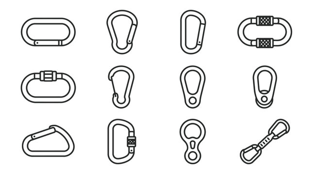 Carabiner Clip Set: Climbing Gear Icons - Vector Illustration