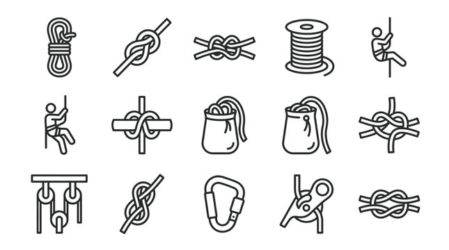 Climbing Knots and Gear Icons: Rope, Carabiner, Pulley, Belay Device, Climbing Bag