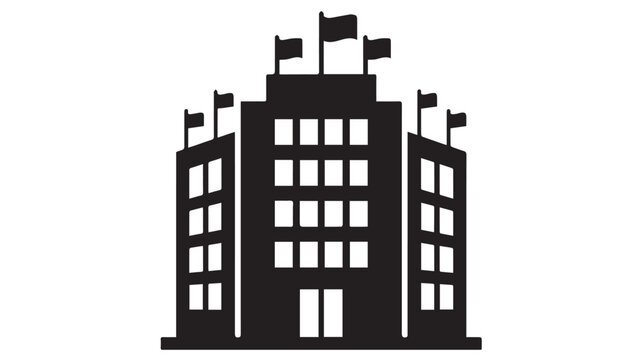 Black silhouette icon of a large corporate office building