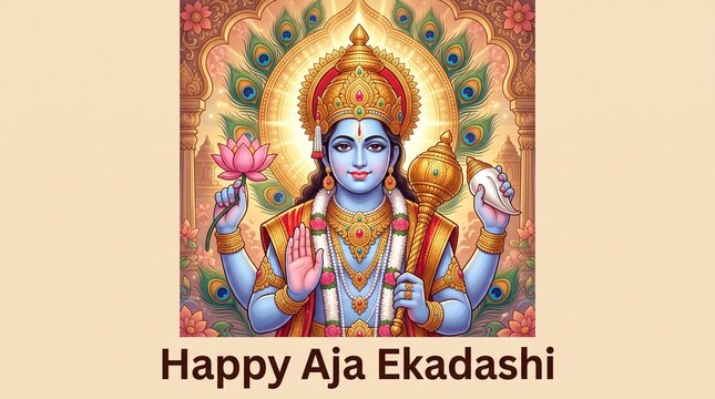 Aja Ekadashi lord Vishnu sacred illustration with divine aura lotus and chakra for hindu fasting festival prayer greeting background design