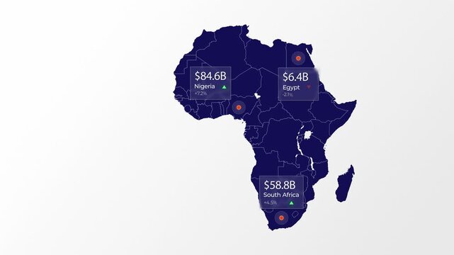 Africa map economic data visualization animation showing changing financial metrics and growth trends in motion clip