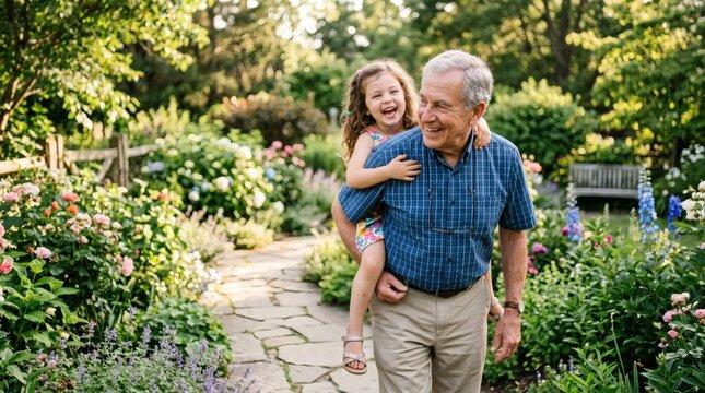 Happy Grandfather Giving Granddaughter Piggyback Ride in Garden