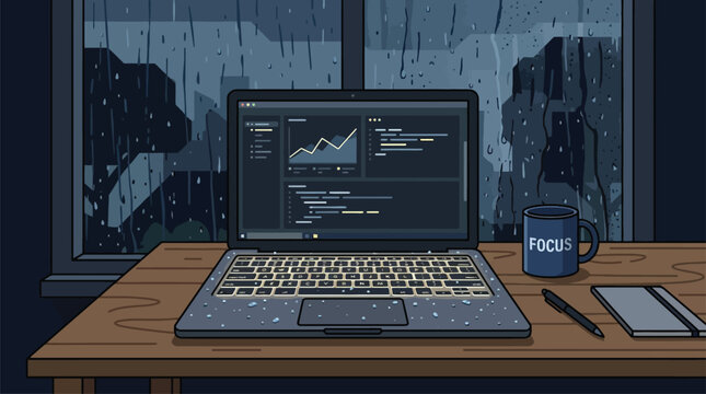 Programmer Working Remotely on Laptop with Data Analytics Dashboard in Cozy Home Office During Rainy Evening