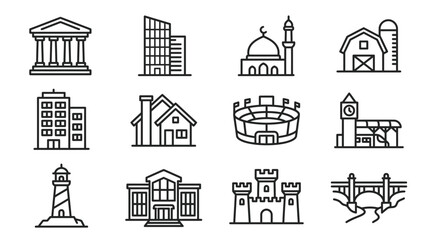 Fototapeta premium Collection of Building Icons: Architecture, Landmarks, and Structures