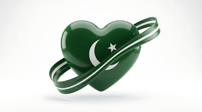 Digital illustration of a glossy green heart featuring a crescent moon and star symbol wrapped with three dimensional shiny design encircled ribbon