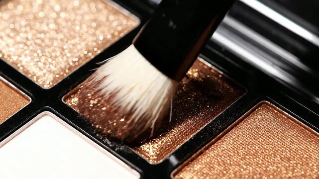Macro Shot Of Beautiful Eyeshadow Palette Showcasing Shimmering Pigment Application With Soft Brush For Beauty And Cosmetics Industry