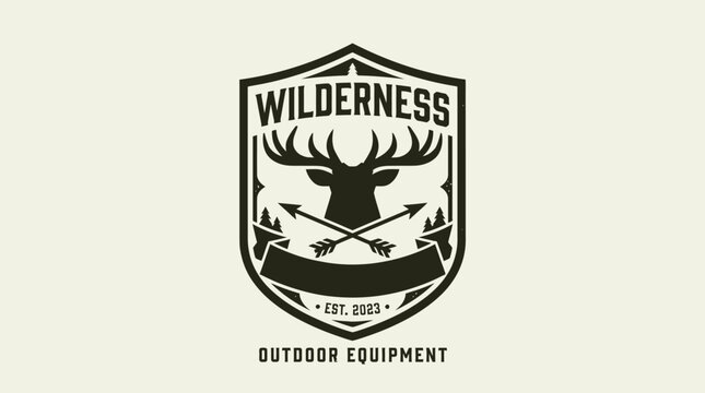 Wilderness Outdoor Equipment Emblem with Stag and Arrows.