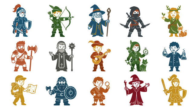 Fantasy RPG characters icons set, cartoon knight, archer, mage, warrior, flat style