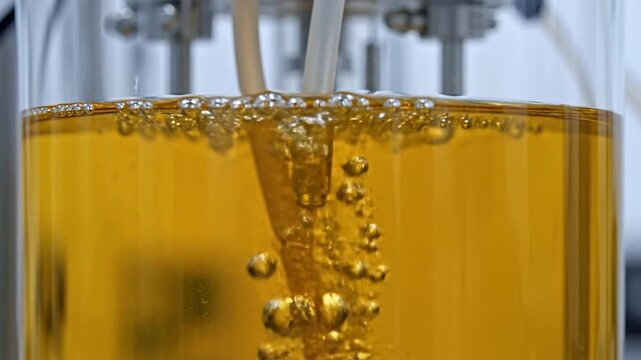Macro Shot of Tiny Bubbles Rising Through a Golden Liquid Fermentation Process in a Laboratory Setting