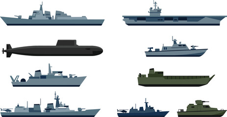 Military Naval Vessel Collection with Warships Submarine Aircraft Carrier and Patrol Boat Vector Set © MstParvin