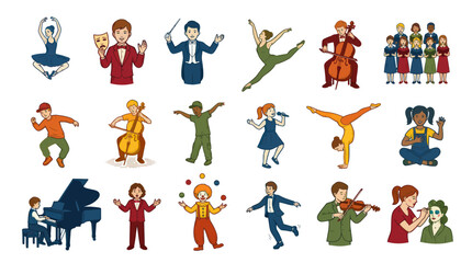 Fototapeta premium Performing Arts Creative Hobbies Flat Vector Collection. Diverse Kids Adults Activities Outline Illustrations.
