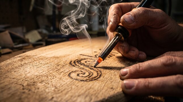 Close-up of a person using a pyrography pen to burn an artistic design into a wood plank with smoke rising from the tip