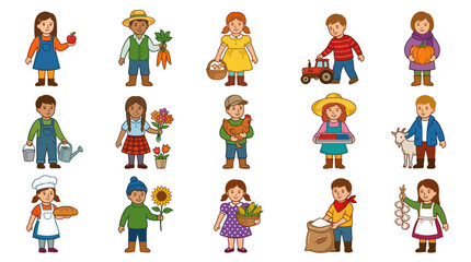 Fototapeta premium Happy Cartoon Kids Farming and Gardening Characters Set - Agriculture Children Illustration Collection