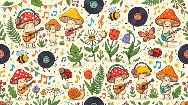 Whimsical seamless pattern of cute cartoon mushrooms playing guitars, dancing vinyl records, and garden insects. AI generated.