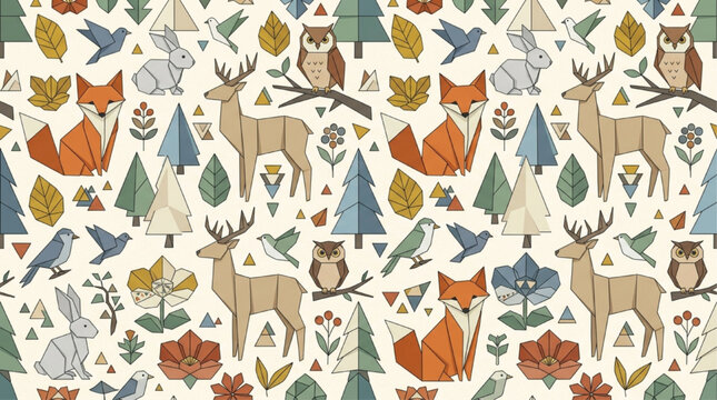 Geometric woodland animal seamless pattern featuring fox, deer, owl, and rabbit. Origami style forest elements on cream background. AI generated nature illustration for textile design.