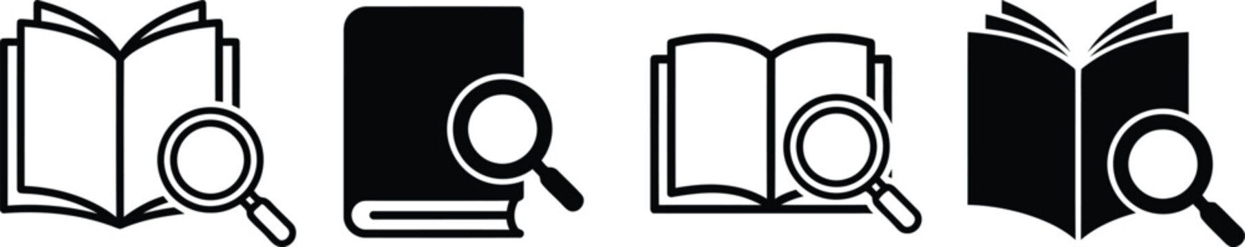 Open book and magnifying glass vector ilustration set for search information research education library literature study discovery reading investigation magnifying lens icon symbols.