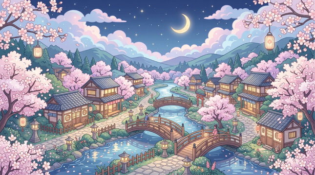 AI generated night illustration of a Japanese village with cherry blossoms, river bridges, glowing lanterns, and a crescent moon under a starry sky.