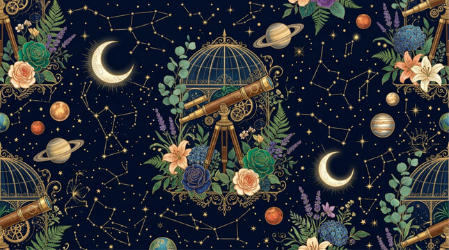 Vintage celestial seamless pattern featuring telescopes, planets, constellations, and botanical flowers on dark navy background. Mystical Victorian astronomy illustration. AI Generated.