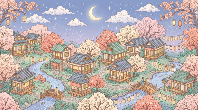 Whimsical Japanese village at night with cherry blossoms, traditional houses, lanterns, and crescent moon. AI Generated digital illustration in soft pastel tones.