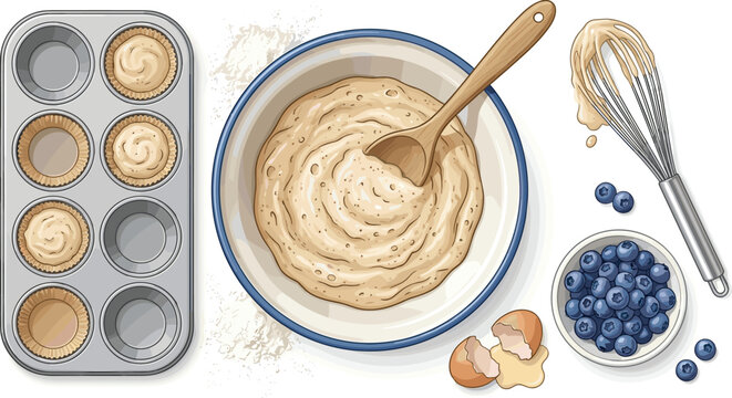 Blueberry Muffin Baking Vector Set with Mixing Bowl Cake Batter Whisk Metal Tin Tray Eggshell Flour and Blueberries for Pastry Recipe Designs