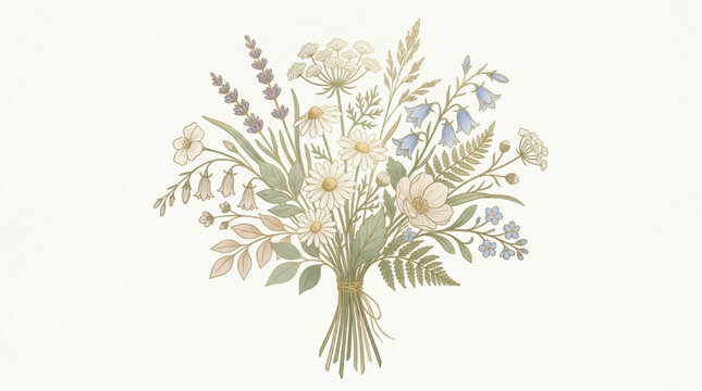 Watercolor wildflower bouquet with daisies, lavender, and bluebells. Soft pastel floral arrangement on white background. Vintage botanical illustration, AI generated.