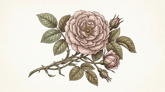 Vintage botanical illustration of a pink rose with buds and leaves, classic hand-drawn style on cream background, AI generated.