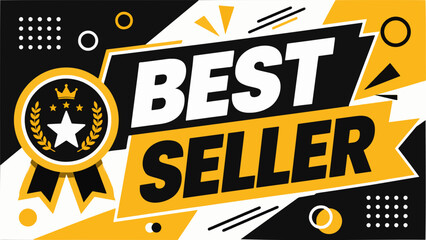 Fototapeta premium Best Seller banner and gold award emblem, eye-level composition for marketing promotion, flat digital vector graphic with bold lighting on abstract geometric background.