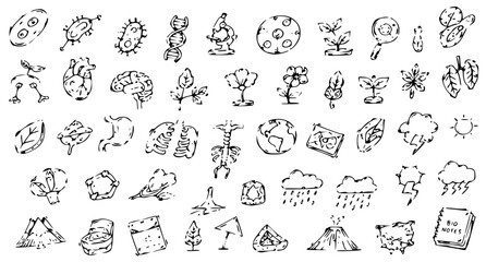 Fototapeta premium Biology and Earth Science Hand Drawn Doodle Icon Set, Nature Ecology Sketch Vector Collection, 70 Outline Icons