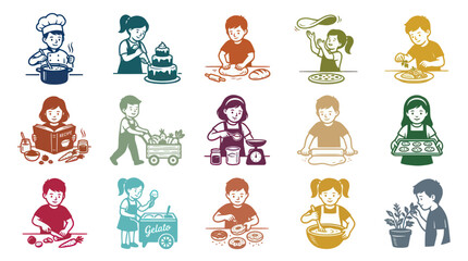 Fototapeta premium Children's Food Culinary Activities Outline Illustration Set. Kids Cooking, Baking, Gardening, and Learning Line Art
