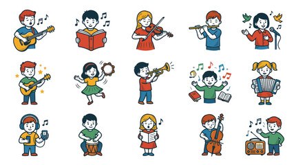 Fototapeta premium Cartoon Kids Playing Music Instruments: Guitar, Violin, Flute, Drum Learning Music Activities. Hand-drawn Education Vector Set.