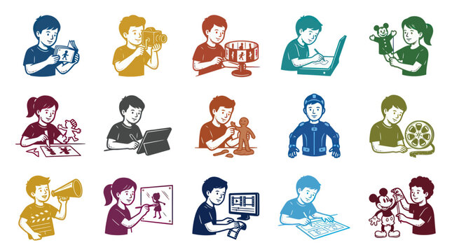 Children Learning Animation and Filmmaking Process: Flat Line Art Illustrations of Creative Kids Activities