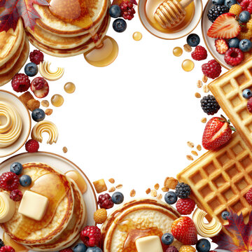 Delicious breakfast border PNG with pancakes, waffles, berries, butter and honey surrounding spacious copy space. Perfect for brunch menus, caf&eacute;s and recipe designs.