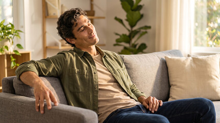 Fototapeta premium Adult man with dark wavy hair, closed eyes with gentle facial smile, reclining comfortably resting on grey sofa armrest, bright indoor lounge with window light, wellness lifestyle photography