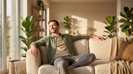 Young bearded man in casual clothes, neutral facial expression with closed eyes, sitting cross legged leaning back on white couch, sunlit living room with houseplants, domestic lifestyle photography