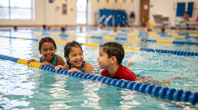 Three young children, with water splashing around them laughing, holding pool divider, indoor community pool, leisure photography