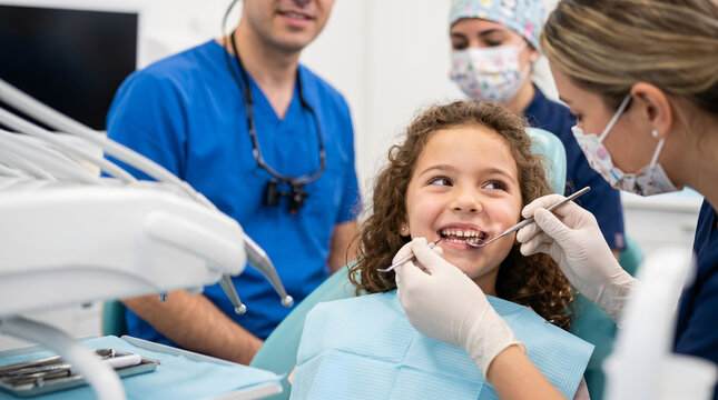 Young female child patient, dental tools inside open mouth, lying in treatment chair looking up, modern dentist office clinic, healthcare photography