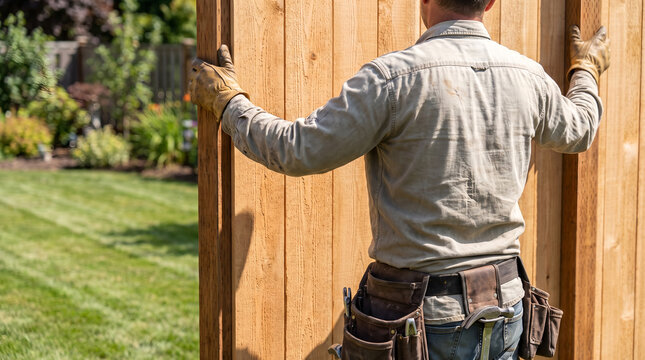 Male carpenter from behind, with tool belt installed, holding timber fence panel, residential backyard garden, home improvement photography